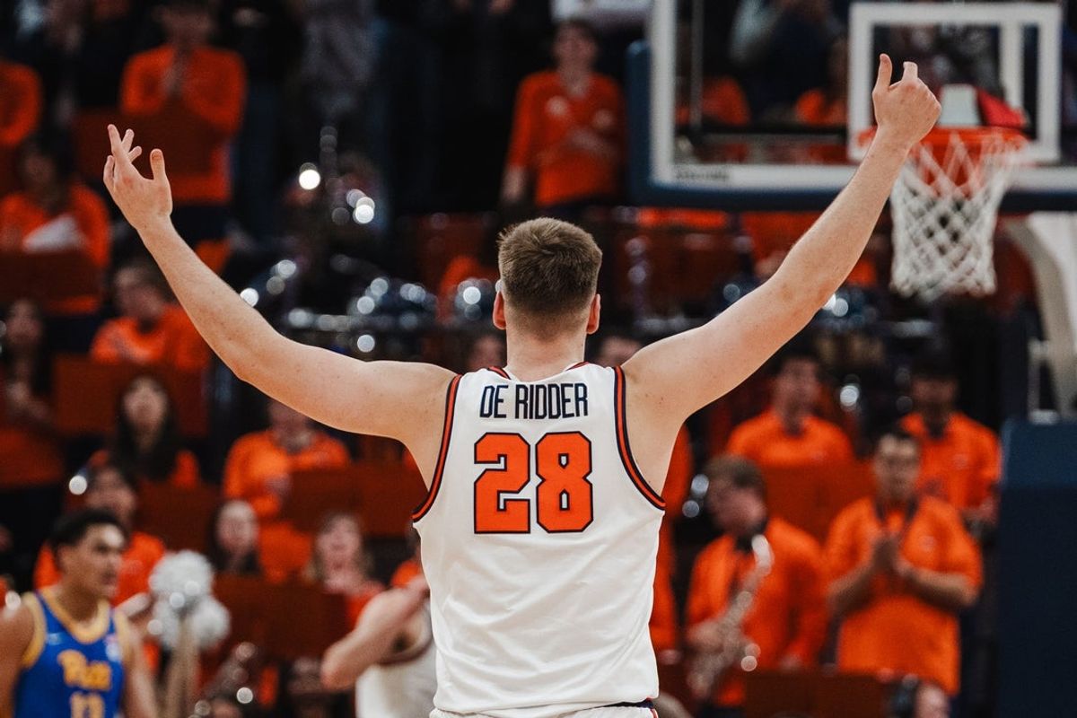 Feb 3, 2026; Charlottesville, Virginia, USA; Virginia Cavaliers forward Thijs de Ridder (28) celebrates after a play in the first half against the Pittsburgh Panthers at John Paul Jones Arena. Mandatory Credit: Emily Faith Morgan-Imagn Images