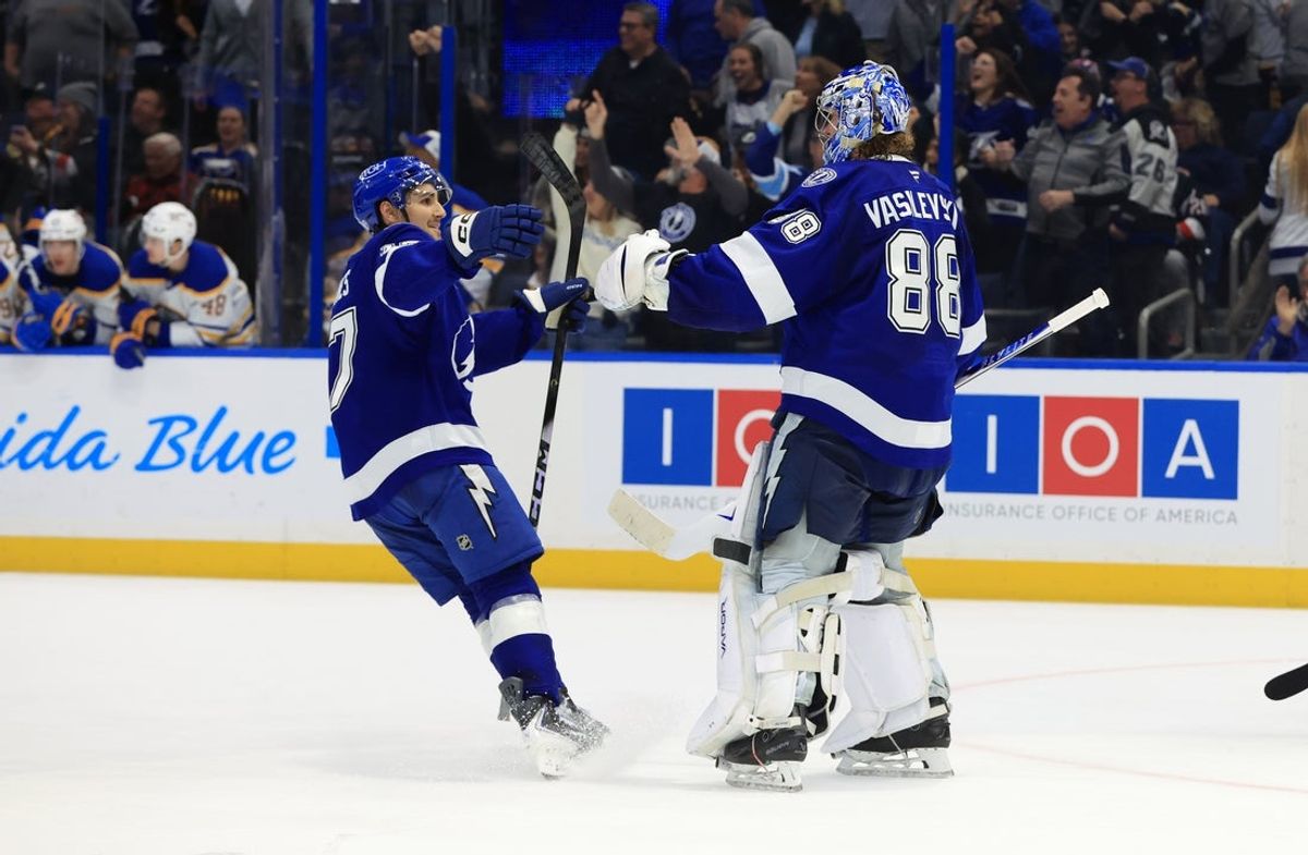Feb 3, 2026; Tampa, Florida, USA; Tampa Bay Lightning center Dominic James (17) and goaltender Andrei Vasilevskiy (88) celebrate after they beat the Buffalo Sabres  during the overtime period at Benchmark International Arena. Mandatory Credit: Kim Klement Neitzel-Imagn Images
