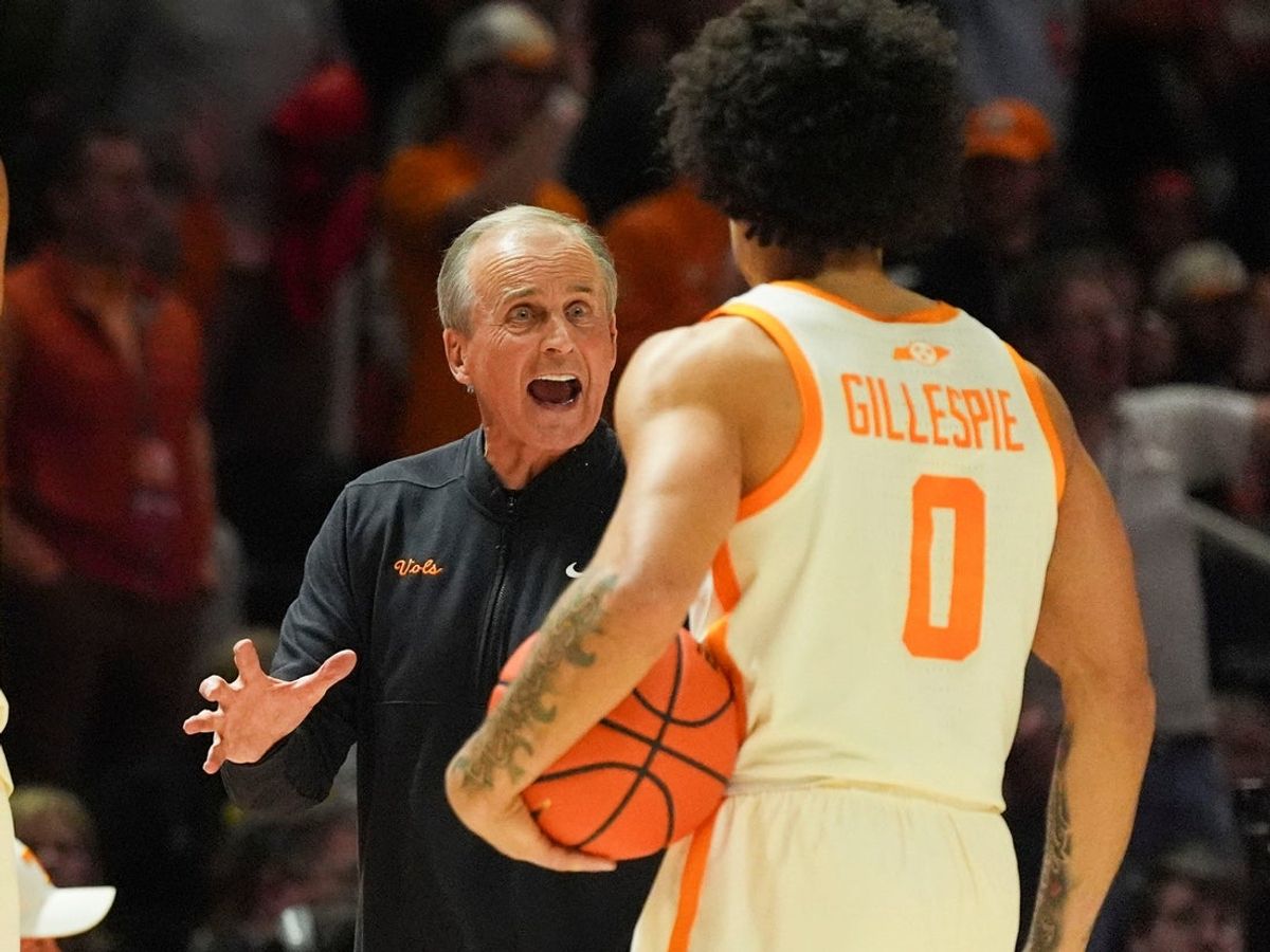Tennessee basketball coach Rick Barnes gives instructions to Ja’Kobi Gillespie (0) during an NCAA college basketball game against Ole Miss on February 3, 2026, in Knoxville, Tennessee.