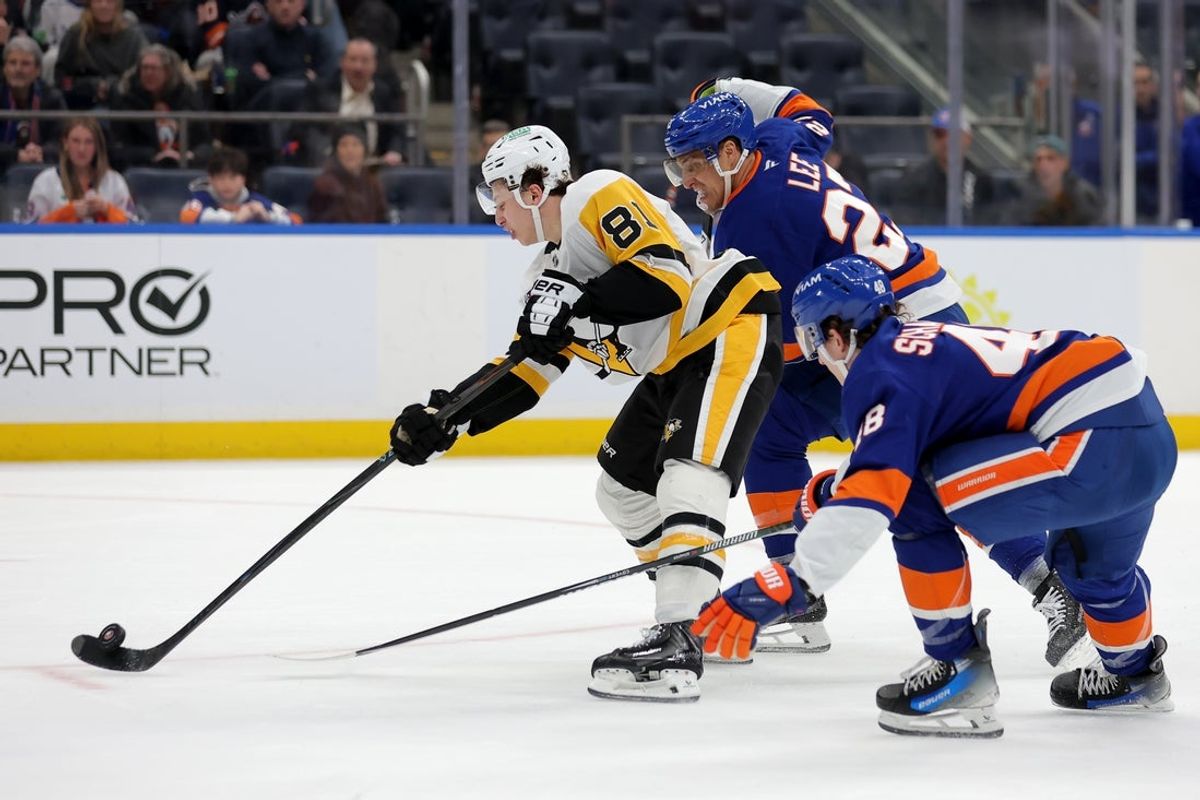 Feb 3, 2026; Elmont, New York, USA; Pittsburgh Penguins center Ben Kindel (81) skates with the puck past New York Islanders left wing Anders Lee (27) and defenseman Matthew Schaefer (48) during the third period at UBS Arena. Mandatory Credit: Brad Penner-Imagn Images