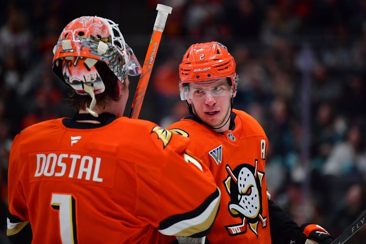 Feb 3, 2026; Anaheim, California, USA; Anaheim Ducks defenseman Jackson LaCombe (2) speaks with goaltender Lukas Dostal (1) during the third period at Honda Center. Mandatory Credit: Gary A. Vasquez-Imagn Images