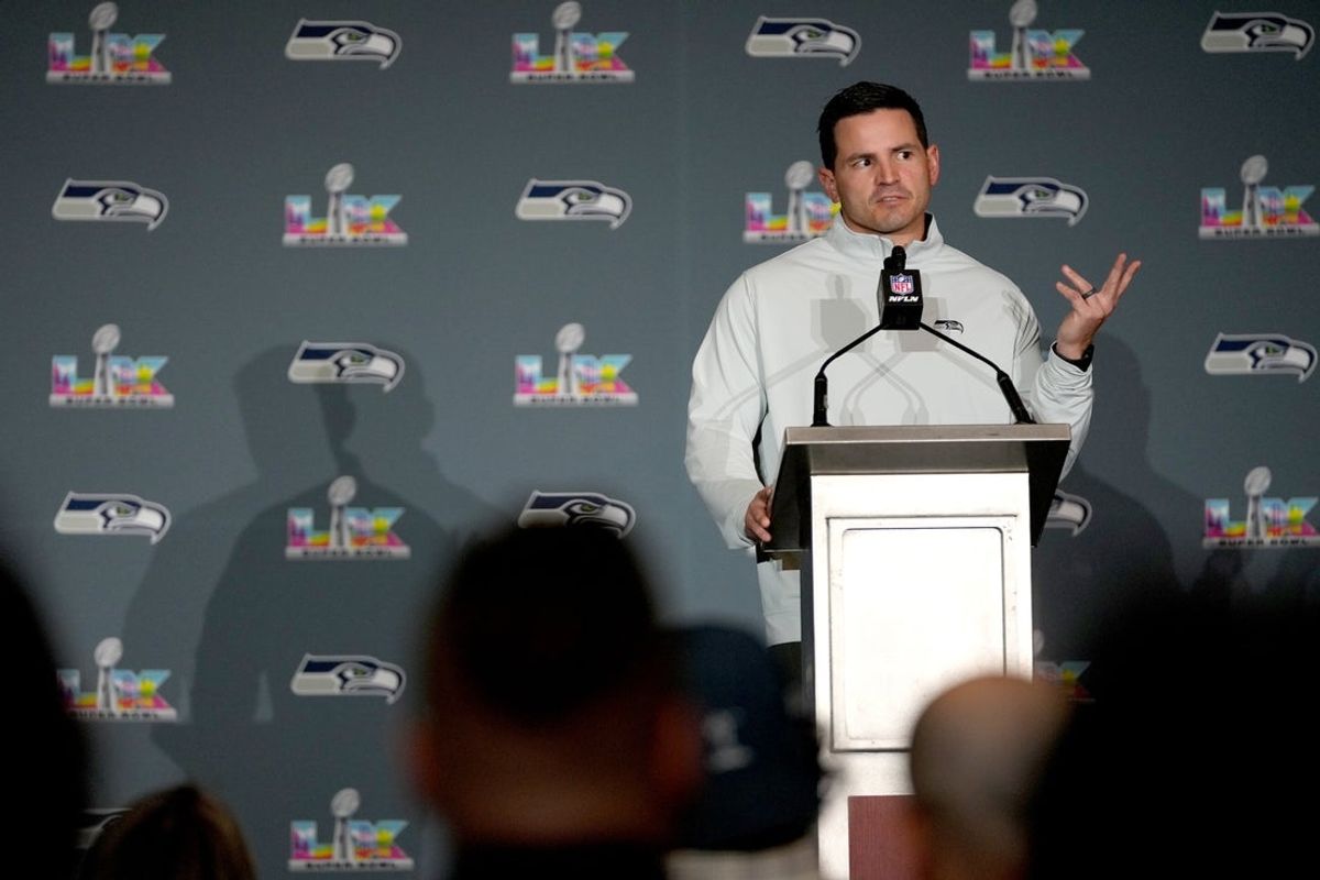 Feb 4, 2026; San Jose, CA, USA; Seattle Seahawks head coach Mike Macdonald speaks to the media at the San Jose Convention Center. Mandatory Credit: Cary Edmondson-Imagn Images