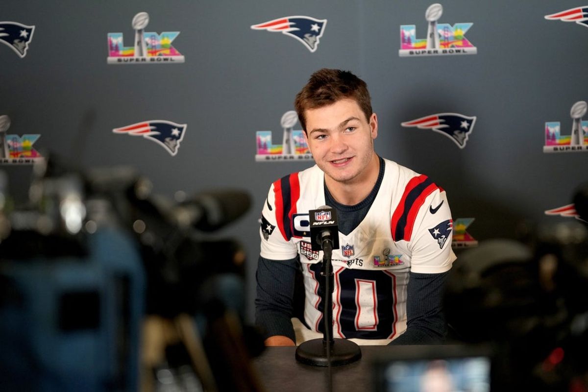 Feb 4, 2026; Santa Clara, CA, USA; New England Patriots quarterback Drake Maye (10) speaks to the media at the Santa Clara Marriott. Mandatory Credit: Cary Edmondson-Imagn Images