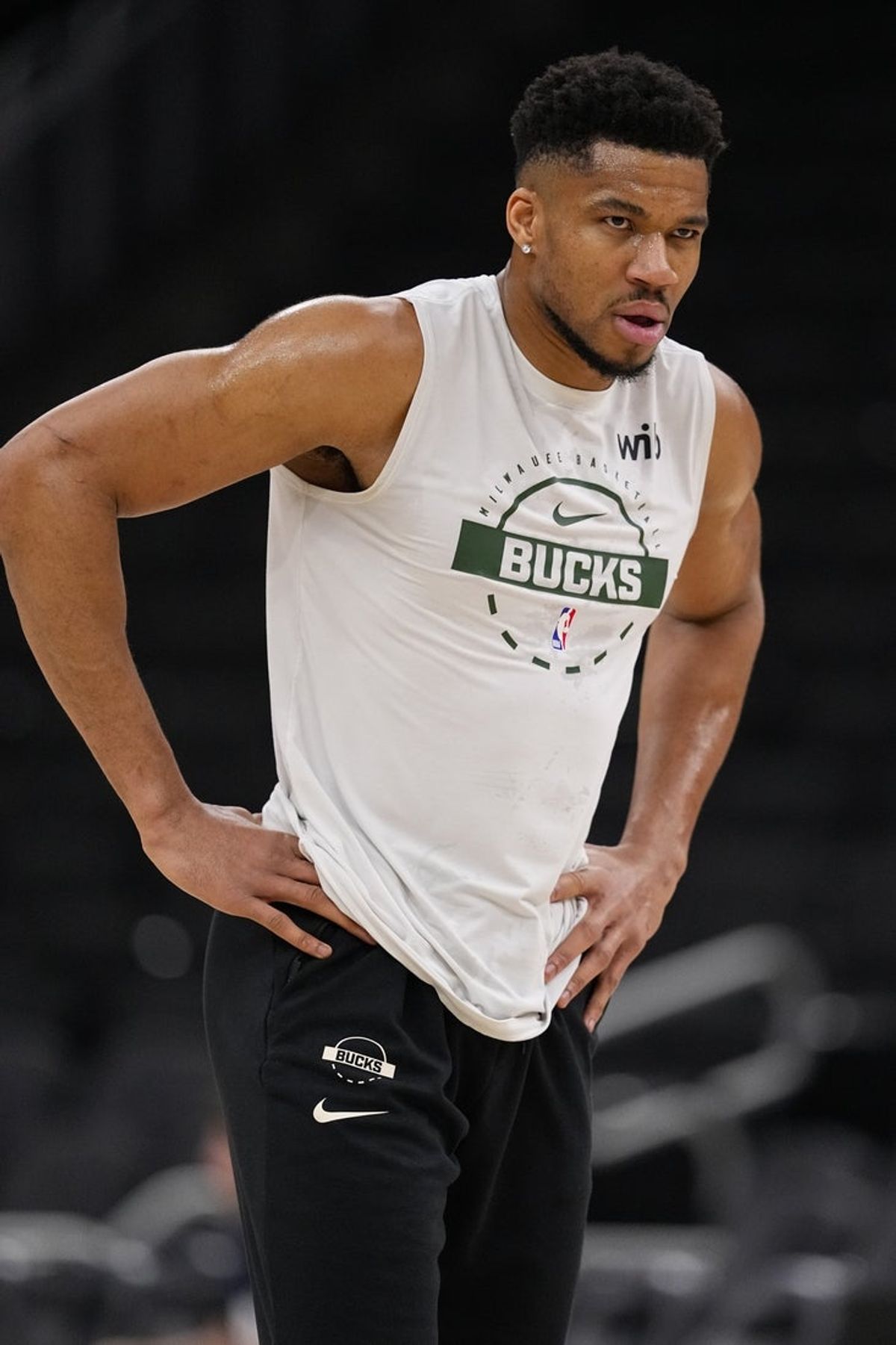 Feb 4, 2026; Milwaukee, Wisconsin, USA;  Milwaukee Bucks forward Giannis Antetokounmpo (34) during warmups prior to the game against the New Orleans Pelicans at Fiserv Forum. Mandatory Credit: Jeff Hanisch-Imagn Images