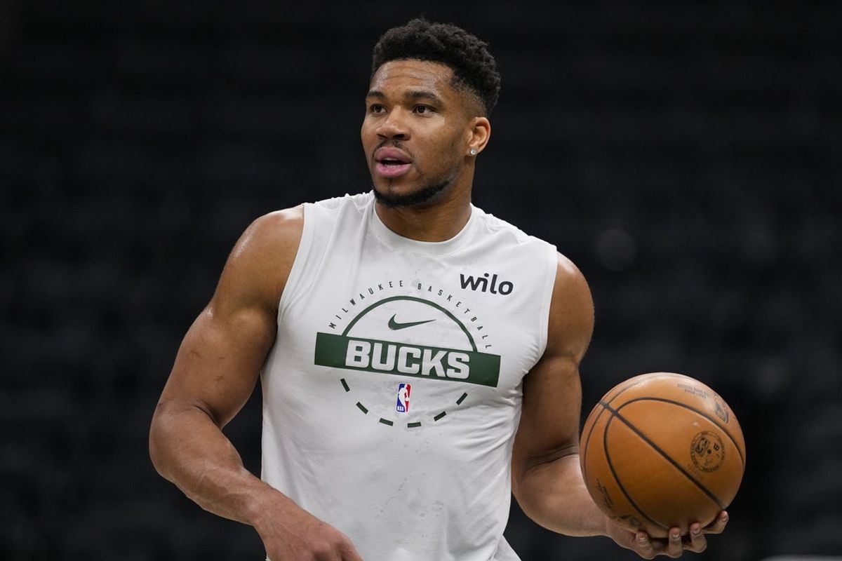 Feb 4, 2026; Milwaukee, Wisconsin, USA;  Milwaukee Bucks forward Giannis Antetokounmpo (34) during warmups prior to the game against the New Orleans Pelicans at Fiserv Forum. Mandatory Credit: Jeff Hanisch-Imagn Images