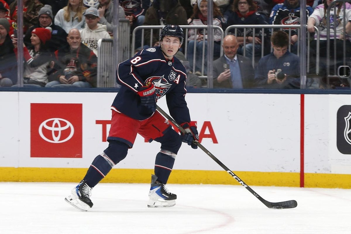 Feb 4, 2026; Columbus, Ohio, USA; Columbus Blue Jackets defenseman Zach Werenski (8) controls the puck against the Chicago Blackhawks during the first period at Nationwide Arena. Mandatory Credit: Russell LaBounty-Imagn Images