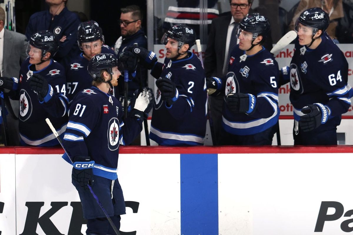 Feb 4, 2026; Winnipeg, Manitoba, CAN; Winnipeg Jets left wing Kyle Connor (81) celebrates a goal against the Montreal Canadiens in the first period at Canada Life Centre. Mandatory Credit: James Carey Lauder-Imagn Images