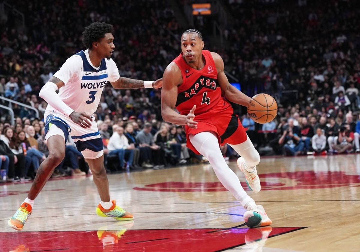 Feb 4, 2026; Toronto, Ontario, CAN; Toronto Raptors forward Scottie Barnes (4) dribbles against Minnesota Timberwolves forward Jaden McDaniels (3) during the second quarter at Scotiabank Arena. Mandatory Credit: Nick Turchiaro-Imagn Images