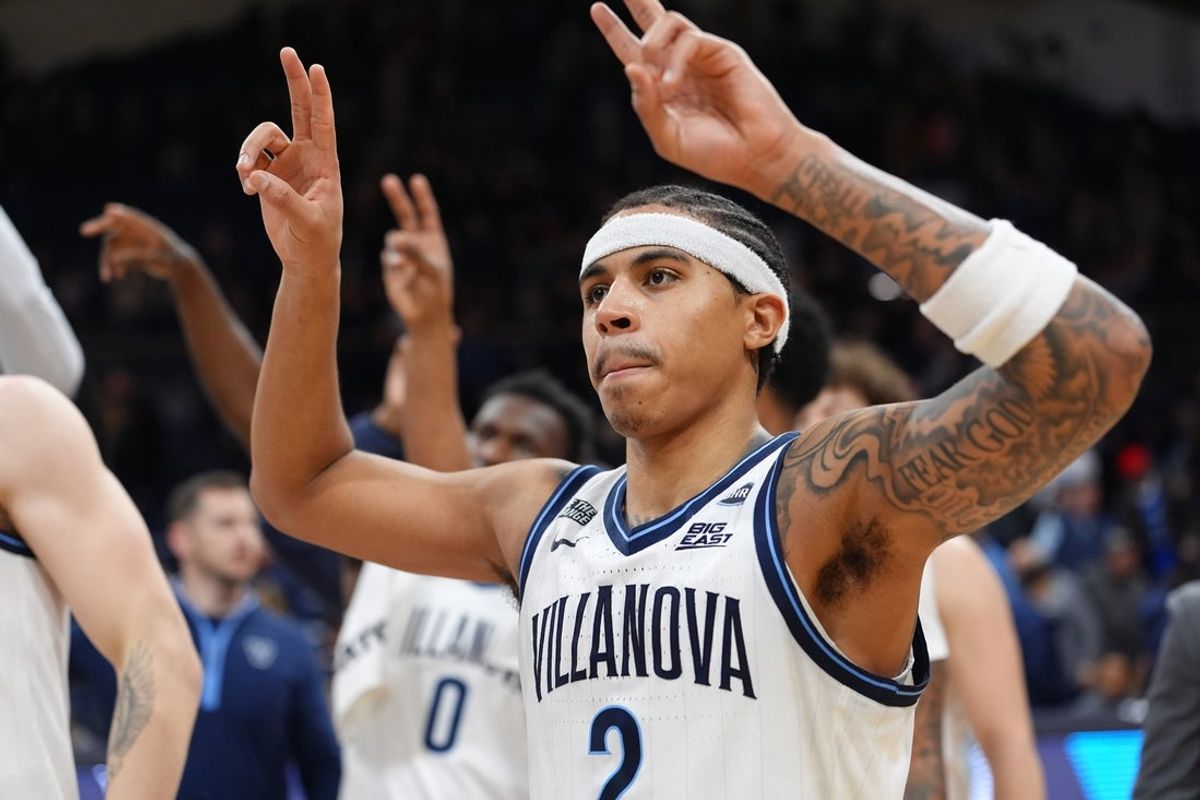 Feb 4, 2026; Villanova, Pennsylvania, USA; Villanova Wildcats guard Bryce Lindsay (2) reacts after the game against the Seton Hall Pirates at William B. Finneran Pavilion. Mandatory Credit: Kyle Ross-Imagn Images