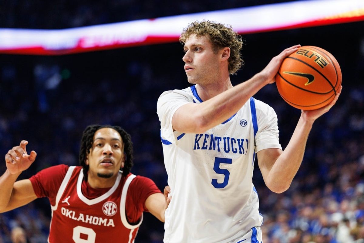 Feb 4, 2026; Lexington, Kentucky, USA; Kentucky Wildcats guard Collin Chandler (5) looks to pass during the first half against the Oklahoma Sooners at Rupp Arena at Central Bank Center. Mandatory Credit: Jordan Prather-Imagn Images