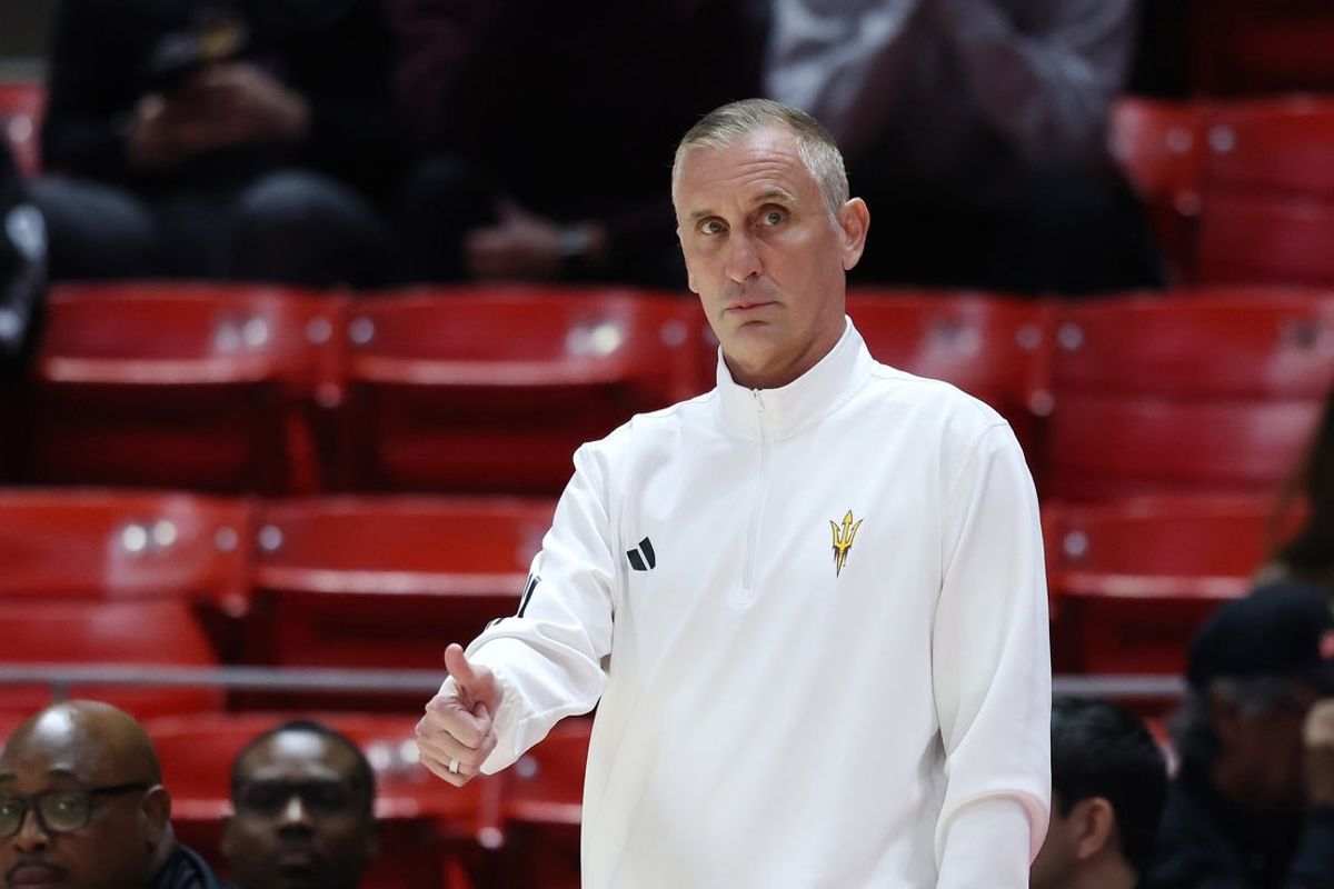 Feb 4, 2026; Salt Lake City, Utah, USA; Arizona State Sun Devils head coach Bobby Hurley reacts after a play against the Utah Utes during the first half at Jon M. Huntsman Center. Mandatory Credit: Rob Gray-Imagn Images