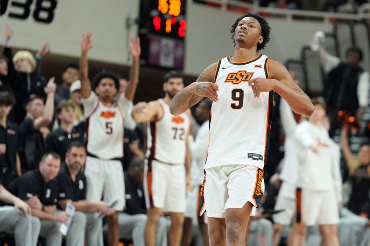 Oklahoma State Cowboys guard Anthony Roy (9) celebrates a 3-point basket during a BIG 12 men's college basketball game between the Oklahoma State Cowboys (OSU) and the BYU Cougars at Gallagher-Iba Arena in Stillwater, Okla., Wednesday, Feb. 4, 2026.