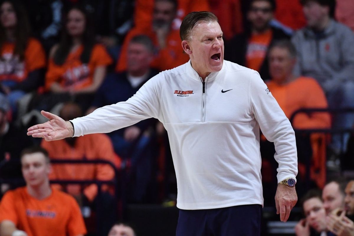 Feb 4, 2026; Champaign, Illinois, USA;  Illinois Fighting Illini head coach Brad Underwood reacts during the second half against the Northwestern Wildcats at State Farm Center. Mandatory Credit: Ron Johnson-Imagn Images
