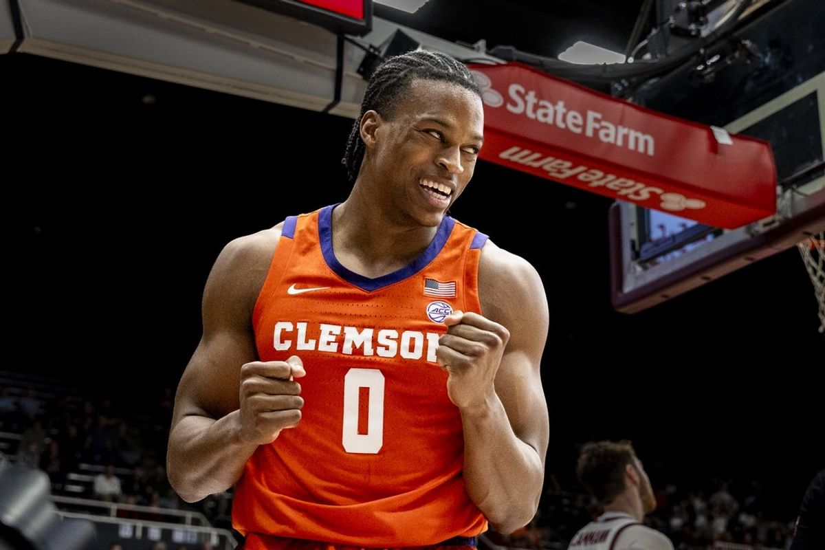Feb 4, 2026; Stanford, California, USA;  Clemson Tigers forward RJ Godfrey (0) reacts after scoring and drawing a foul against the Stanford Cardinal during the second half at Maples Pavilion. Mandatory Credit: John Hefti-Imagn Images
