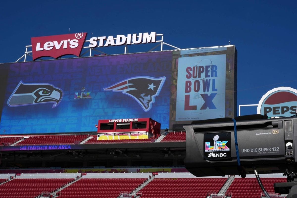 Feb 4, 2026; Santa Clara, CA, USA; NBC Peacock television camera with Super Bowl LX logo at Levi's Stadium. Mandatory Credit: Kirby Lee-Imagn Images