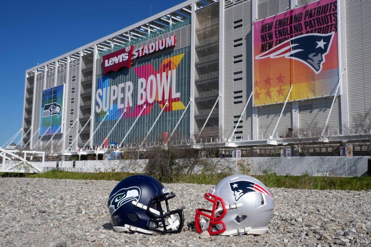 Feb 4, 2026; Santa Clara, CA, USA; Seattle Seahawks and New England Patriots helmets at Levi's Stadium. Mandatory Credit: Kirby Lee-Imagn Images