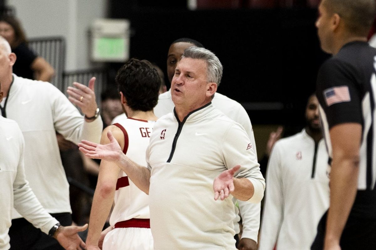 Feb 4, 2026; Stanford, California, USA;  Stanford Cardinal head coach Kyle Smith reacts during the second half against the Clemson Tigers at Maples Pavilion. Mandatory Credit: John Hefti-Imagn Images