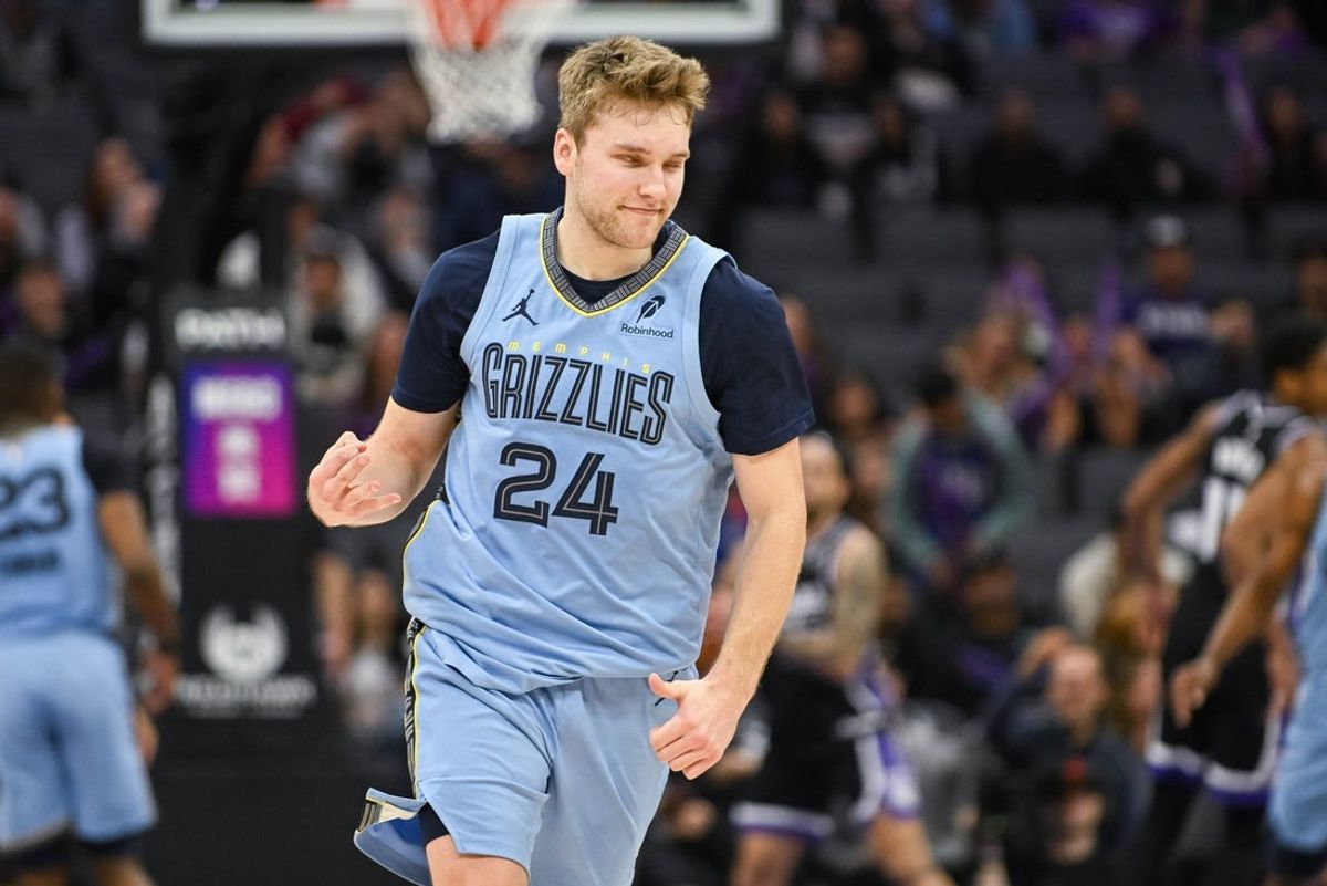 Feb 4, 2026; Sacramento, California, USA; Memphis Grizzlies guard Cam Spencer (24) celebrates after making a three point shot against the Sacramento Kings during the fourth quarter at Golden 1 Center. Mandatory Credit: Ed Szczepanski-Imagn Images