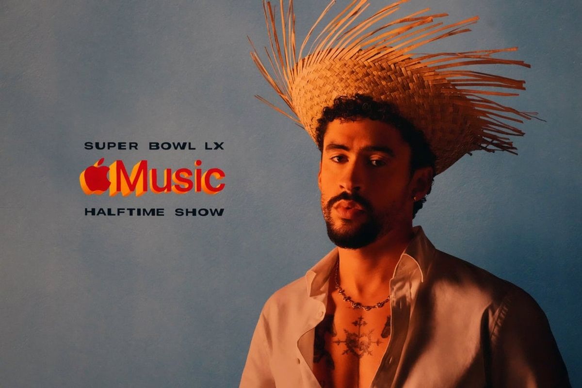 Feb 4, 2026; San Francisco, CA, USA; A Bad Bunny advertisement for the Apple Music Super Bowl 60 halftime show at the Super Bowl LX media center at the Moscone Center. Mandatory Credit: Kirby Lee-Imagn Images