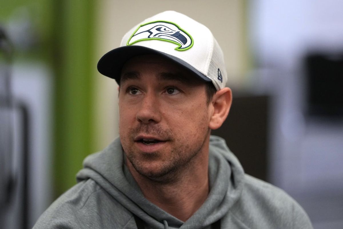 Feb 5, 2026; San Jose, CA, USA; Seattle Seahawks offensive coordinator Klint Kubiak talks to media members at the San Jose Marriott. Mandatory Credit: Darren Yamashita-Imagn Images