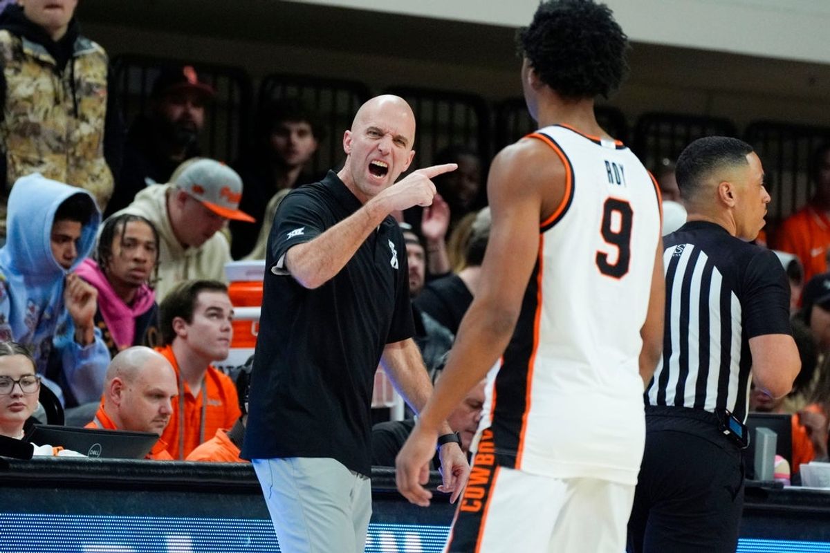 Oklahoma State coach Steve Lutz shouts at Oklahoma State Cowboys guard Anthony Roy (9) during a BIG 12 men's college basketball game between the Oklahoma State Cowboys (OSU) and the BYU Cougars at Gallagher-Iba Arena in Stillwater, Okla., Wednesday, Feb. 4, 2026.