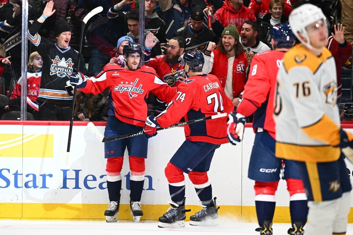 Feb 5, 2026; Washington, District of Columbia, USA; Washington Capitals left wing Pierre-Luc Dubois (80) celebrates after scoring a goal against the Nashville Predators during the first period at Capital One Arena. Mandatory Credit: Brad Mills-Imagn Images