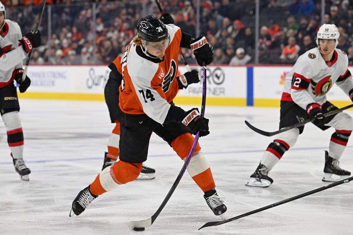 Feb 5, 2026; Philadelphia, Pennsylvania, USA; Philadelphia Flyers right wing Owen Tippett (74) takes a shot on goal against the Ottawa Senators during the first period at Xfinity Mobile Arena. Mandatory Credit: Eric Hartline-Imagn Images