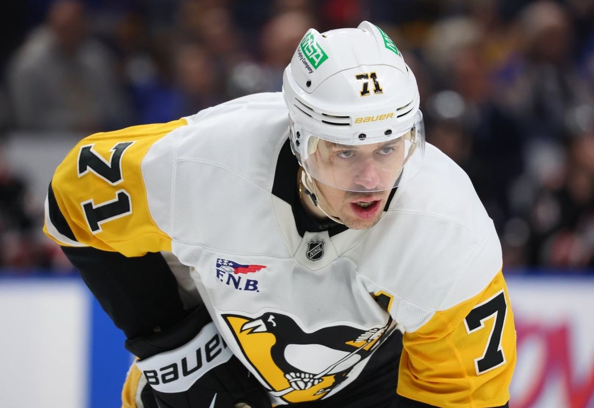 Feb 5, 2026; Buffalo, New York, USA;  Pittsburgh Penguins center Evgeni Malkin (71) waits for the face-off against the Buffalo Sabres at KeyBank Center. Mandatory Credit: Timothy T. Ludwig-Imagn Images