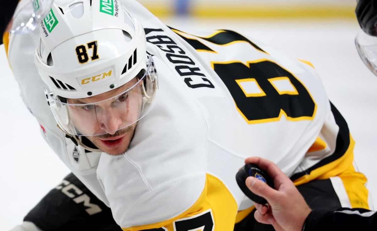 Feb 5, 2026; Buffalo, New York, USA;  Pittsburgh Penguins center Sidney Crosby (87) waits for the face-off during the first period against the Buffalo Sabres at KeyBank Center. Mandatory Credit: Timothy T. Ludwig-Imagn Images