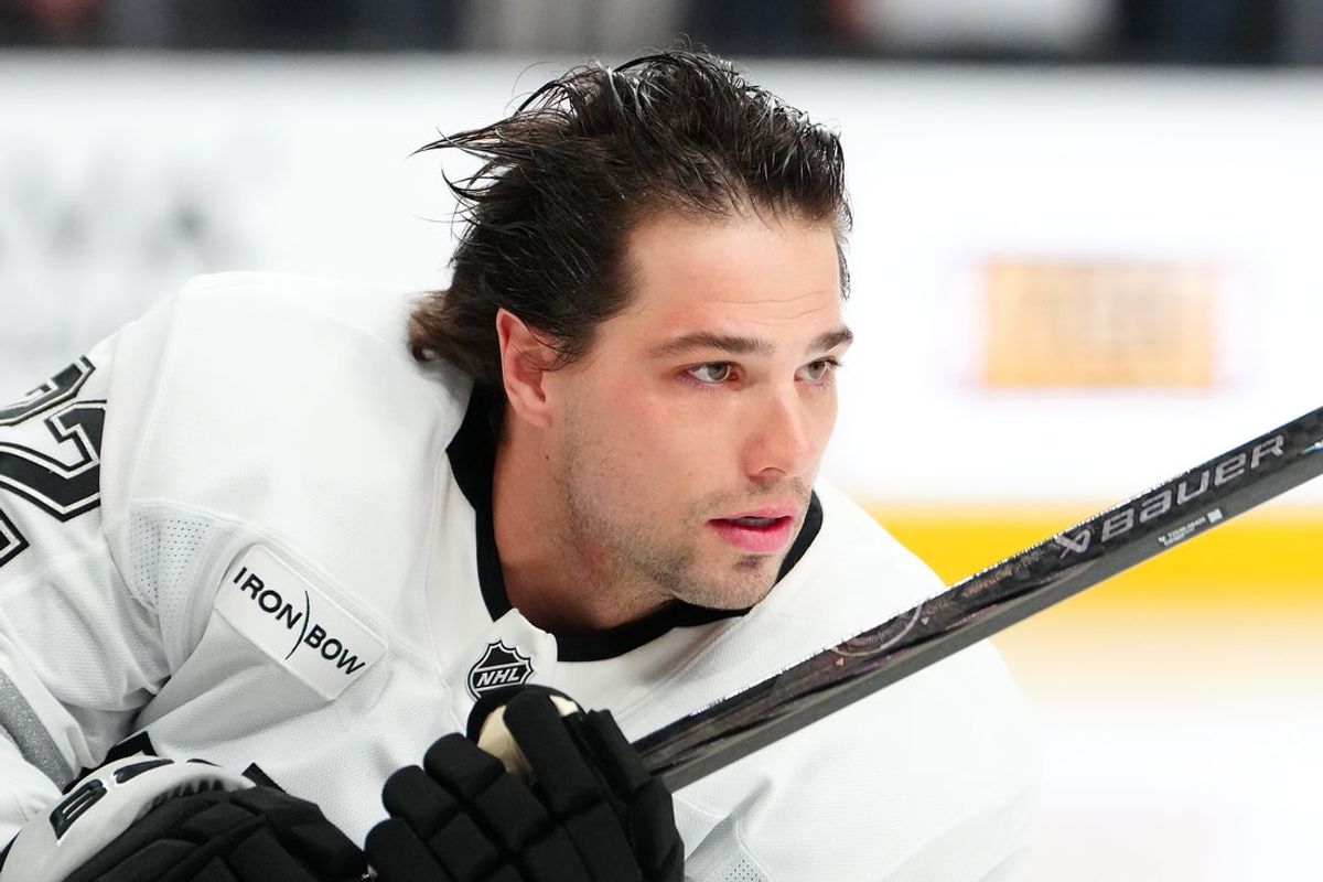 Feb 5, 2026; Las Vegas, Nevada, USA; Los Angeles Kings left wing Kevin Fiala (22) warms up before a game against the Vegas Golden Knights at T-Mobile Arena. Mandatory Credit: Stephen R. Sylvanie-Imagn Images