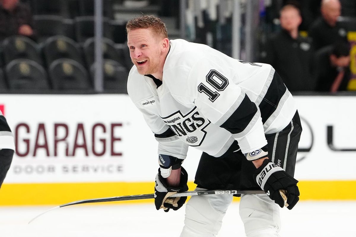 Feb 5, 2026; Las Vegas, Nevada, USA; Los Angeles Kings right wing Corey Perry (10) warms up before the start of a game against the Vegas Golden Knights at T-Mobile Arena. Mandatory Credit: Stephen R. Sylvanie-Imagn Images