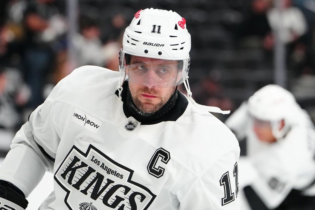 Feb 5, 2026; Las Vegas, Nevada, USA; Los Angeles Kings center Anze Kopitar (11) warms up before the start of a game against the Vegas Golden Knights at T-Mobile Arena. Mandatory Credit: Stephen R. Sylvanie-Imagn Images