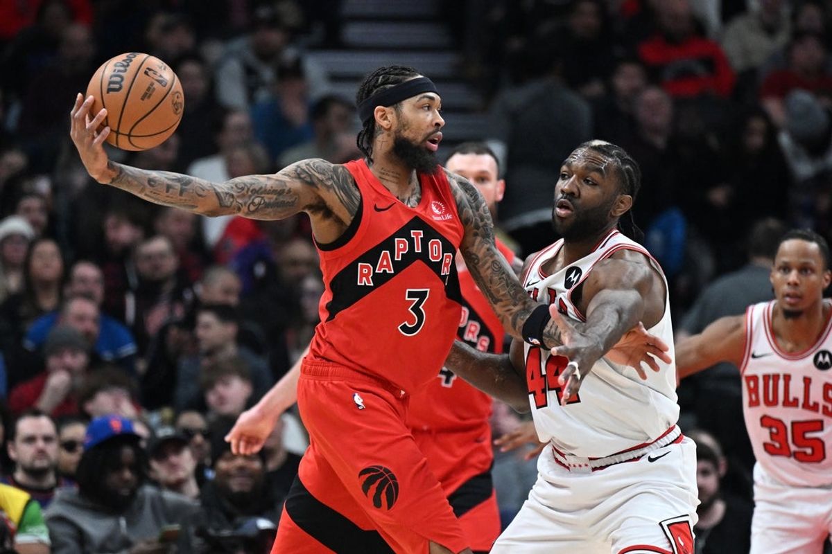 Feb 5, 2026; Toronto, Ontario, CAN;  Toronto Raptors forward Brandon Ingram (3) holds the ball from Chicago Bulls forward Patrick Williams (44) in the second half at Scotiabank Arena. Mandatory Credit: Dan Hamilton-Imagn Images