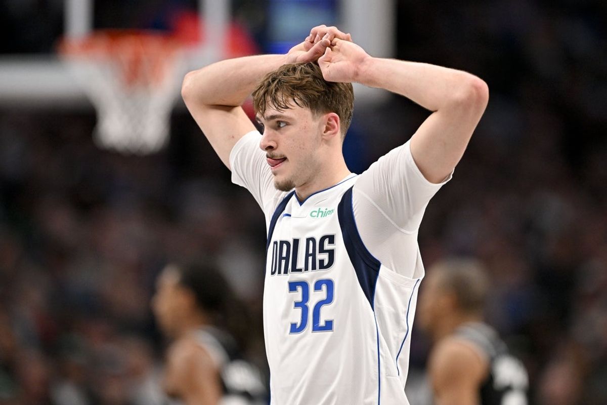 Feb 5, 2026; Dallas, Texas, USA; Dallas Mavericks forward Cooper Flagg (32) walks off the court during the second half against the San Antonio Spurs at the American Airlines Center. Mandatory Credit: Jerome Miron-Imagn Images