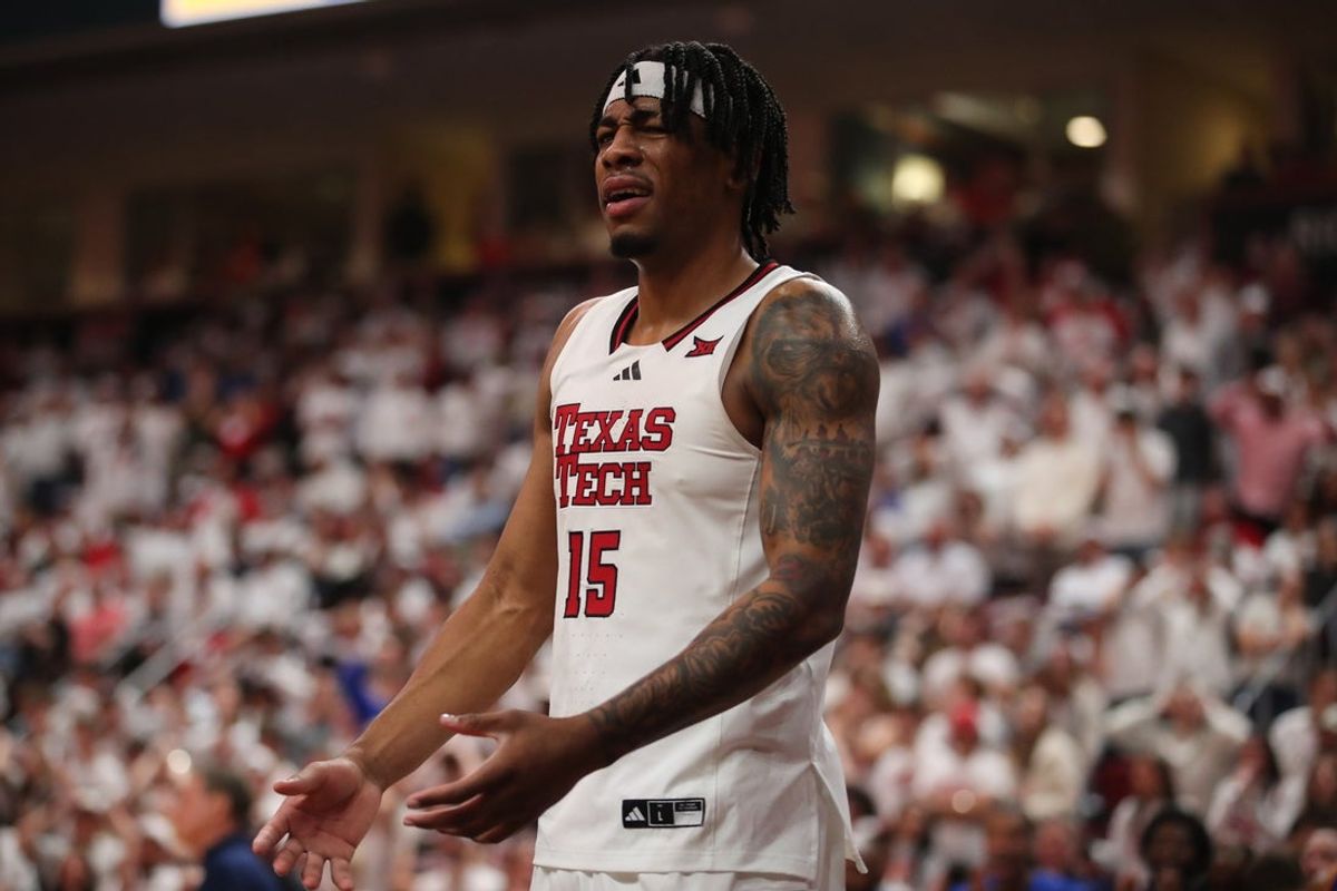 Feb 2, 2026; Lubbock, Texas, USA;  Texas Tech Red Raiders forward JT Toppin (15) reacts to a call in the second half of the game against the Kansas Jayhawks at United Supermarkets Arena. Mandatory Credit: Michael C. Johnson-Imagn Images