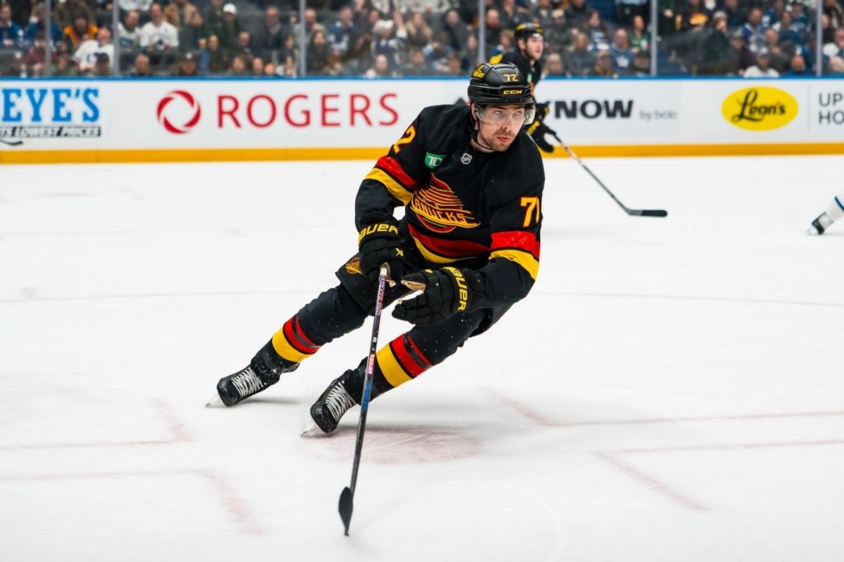 Jan 31, 2026; Vancouver, British Columbia, CAN; Vancouver Canucks forward Filip Chytil (72) skates against the Toronto Maple Leafs in the second period at Rogers Arena. Mandatory Credit: Bob Frid-Imagn Images
