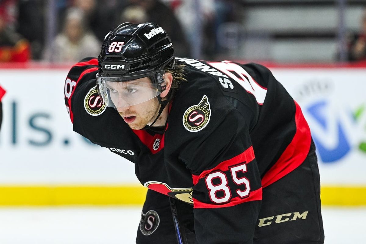 Jan 31, 2026; Ottawa, Ontario, CAN; Ottawa Senators defenseman Jake Sanderson (85) waits for a face-off against the New Jersey Devils during the second period at Canadian Tire Centre. Mandatory Credit: David Kirouac-Imagn Images