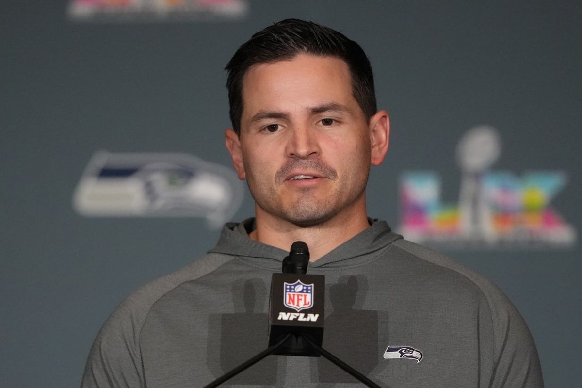 Feb 5, 2026; San Jose, CA, USA; Seattle Seahawks head coach Mike MacDonald talks to media members at the San Jose Marriott. Mandatory Credit: Darren Yamashita-Imagn Images