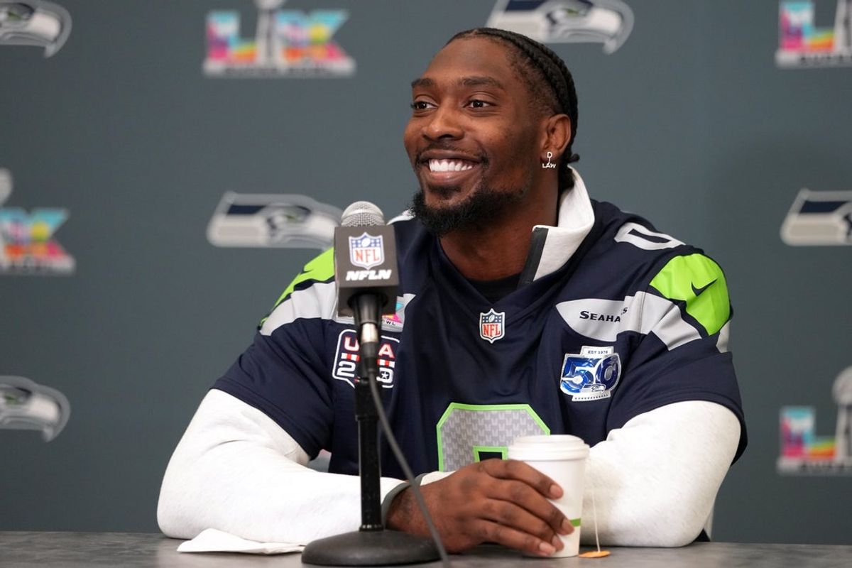 Feb 5, 2026; San Jose, CA, USA; Seattle Seahawks defensive end DeMarcus Lawrence (0) talks to media members at the San Jose Marriott. Mandatory Credit: Darren Yamashita-Imagn Images