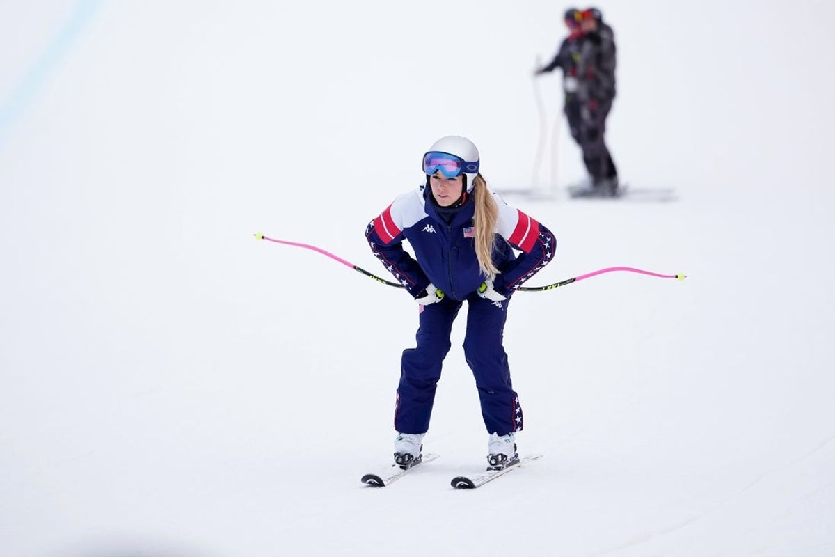Feb 6, 2026; Cortina d'Ampezzo, ITALY; Lindsey Vonn of the United States looks on during a women's alpine skiing downhill training session during the Milan Cortina 2026 Olympic Winter Games at Tofane Alpine Skiing Centre. Mandatory Credit: Eric Bolte-Imagn Images