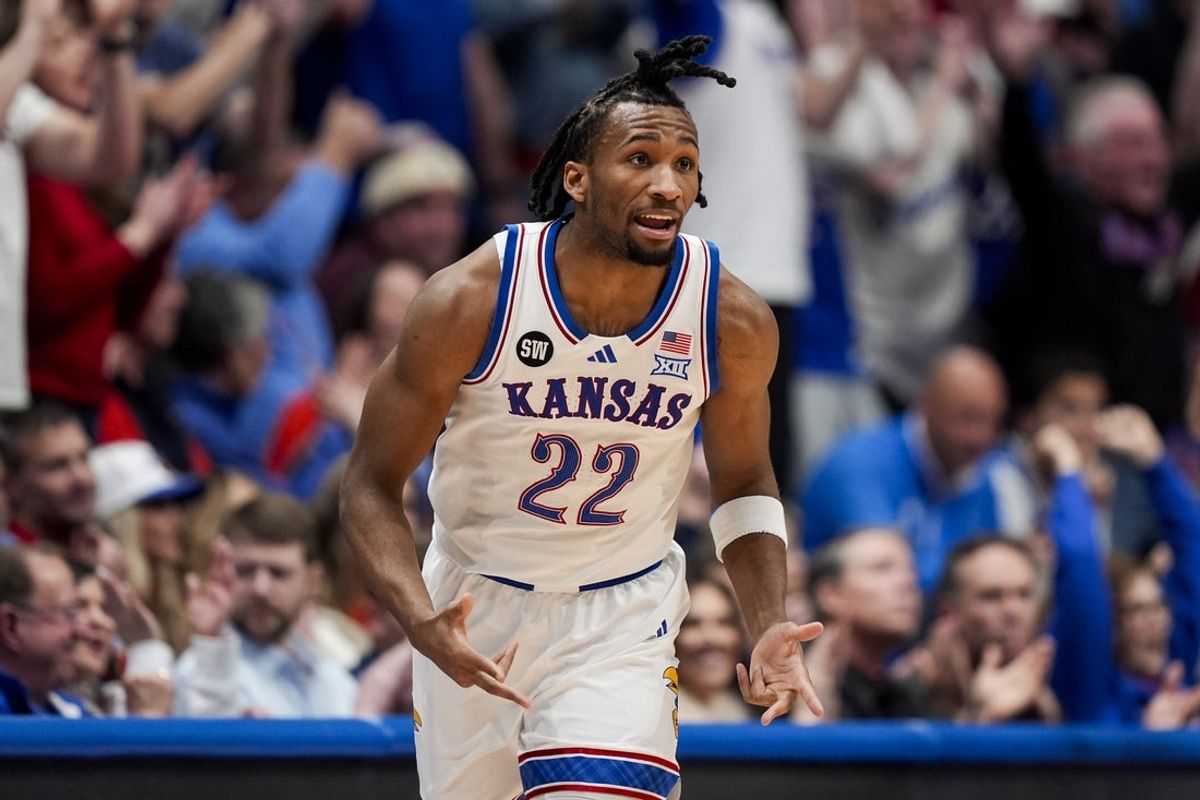 Jan 24, 2026; Columbia, Missouri, USA; Kansas Jayhawks guard Darryn Peterson (22) reacts after scoring during the first half against the BYU Cougars at Mizzou Arena. Mandatory Credit: Jay Biggerstaff-Imagn Images