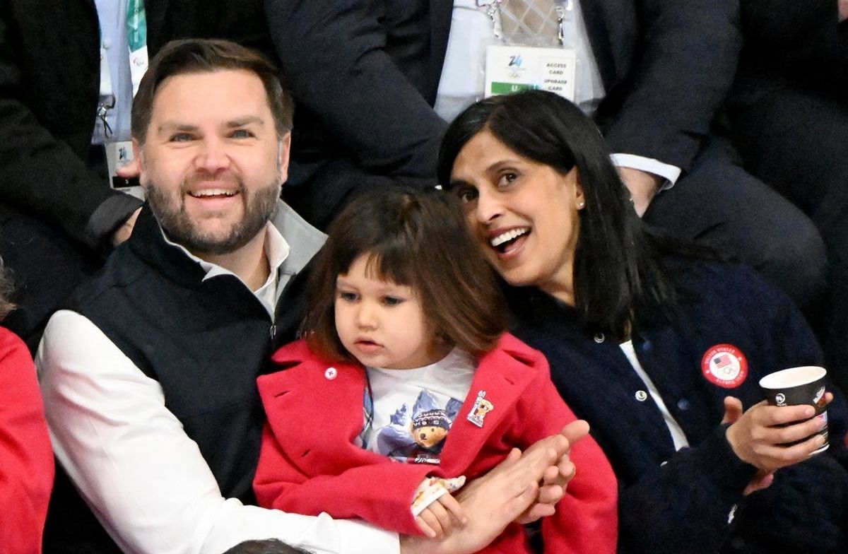 [US, Mexico & Canada customers only] Feb 6, 2026; Milan, Italy; U.S. Vice President JD Vance and second lady Usha Vance watch the ice dance rhythm dance with their daughter Mirabel Vance during the Milano Cortina 2026 Olympic Winter Games at Milano Ice Skating Arena. Mandatory Credit: Fabrizio Bensch-Reuters via Imagn Images