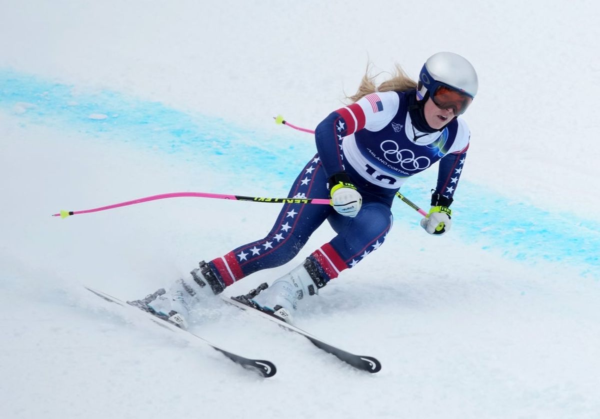 Feb 6, 2026; Cortina d'Ampezzo, ITALY; Lindsey Vonn of the United States in women's downhill training during the Milano Cortina 2026 Olympic Winter Games at Tofane Alpine Skiing Centre. Mandatory Credit: Eric Bolte-Imagn Images