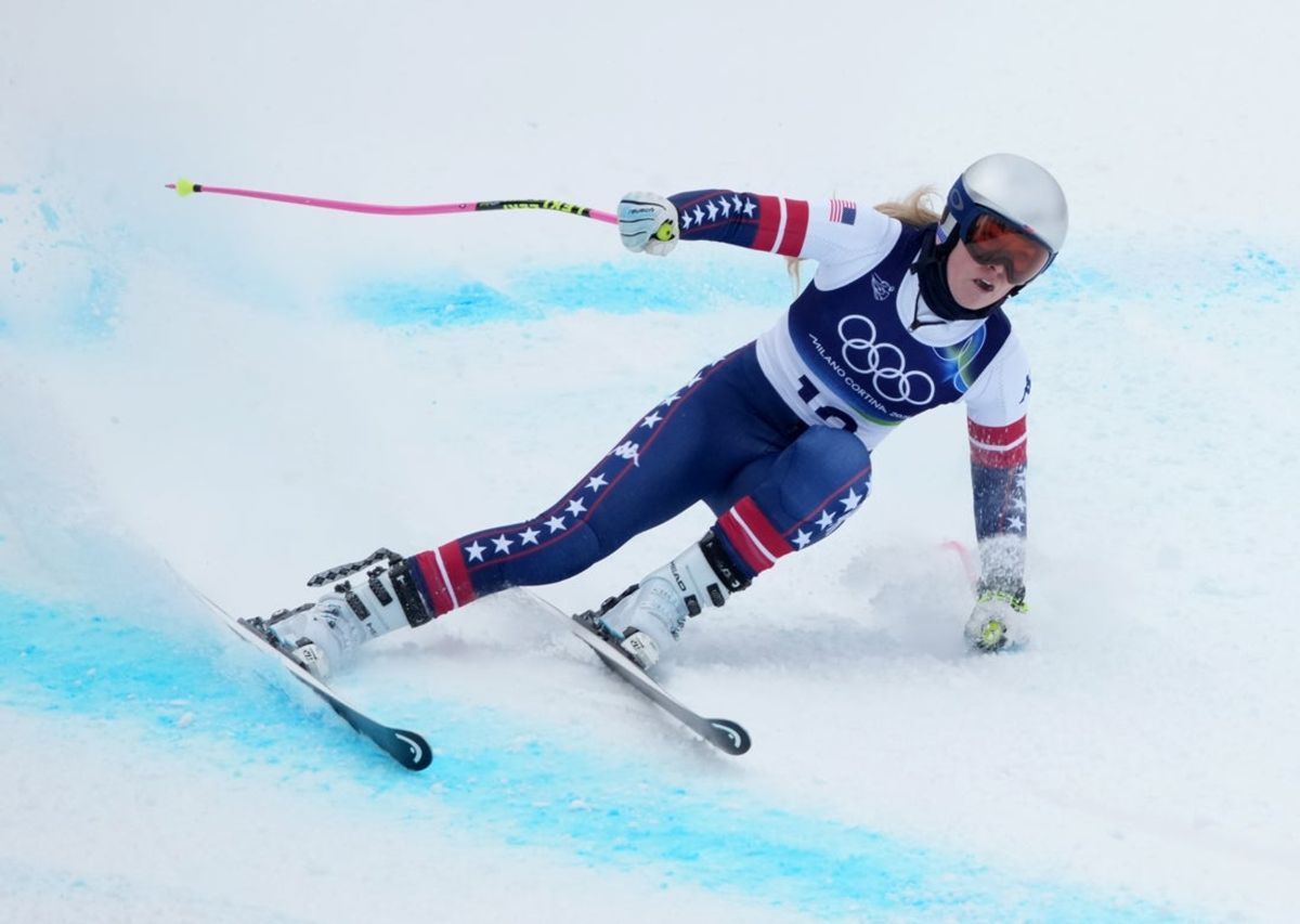 Feb 6, 2026; Cortina d'Ampezzo, ITALY; Lindsey Vonn of the United States in women's downhill training during the Milano Cortina 2026 Olympic Winter Games at Tofane Alpine Skiing Centre. Mandatory Credit: Eric Bolte-Imagn Images