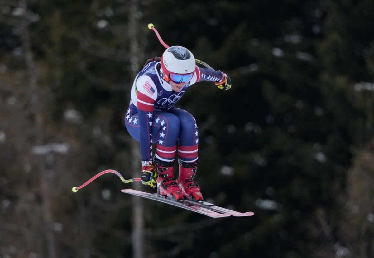 Feb 6, 2026; Cortina d'Ampezzo, ITALY; Breezy Johnson of the United States in women's downhill training during the Milano Cortina 2026 Olympic Winter Games at Tofane Alpine Skiing Centre. Mandatory Credit: Michael Madrid-Imagn Images
