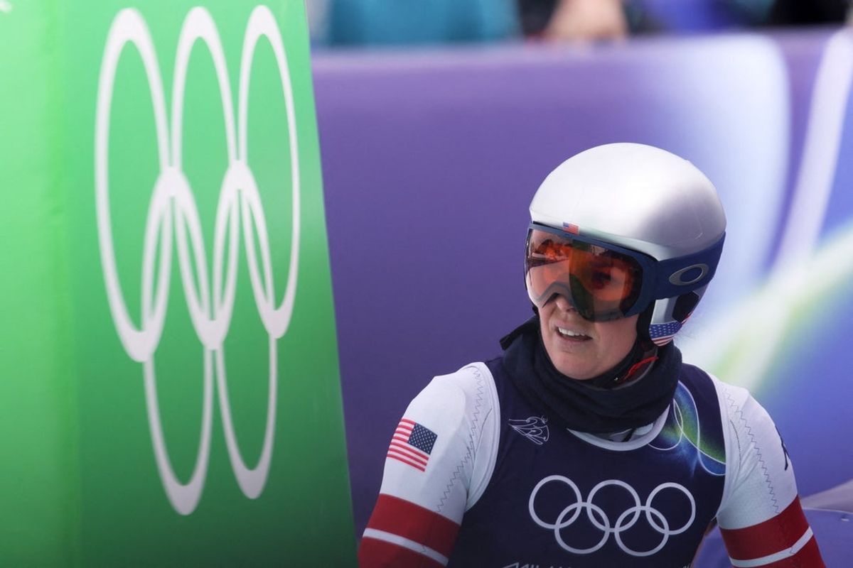 [US, Mexico & Canada customers only] Feb 6, 2026; Cortina d'Ampezzo, ITALY; Lindsey Vonn of the United States in the finish area during women's downhill training during the Milano Cortina 2026 Olympic Winter Games at the Tofane Alpine Skiing Centre. Mandatory Credit: Leonhard Foeger/Reuters via Imagn Images