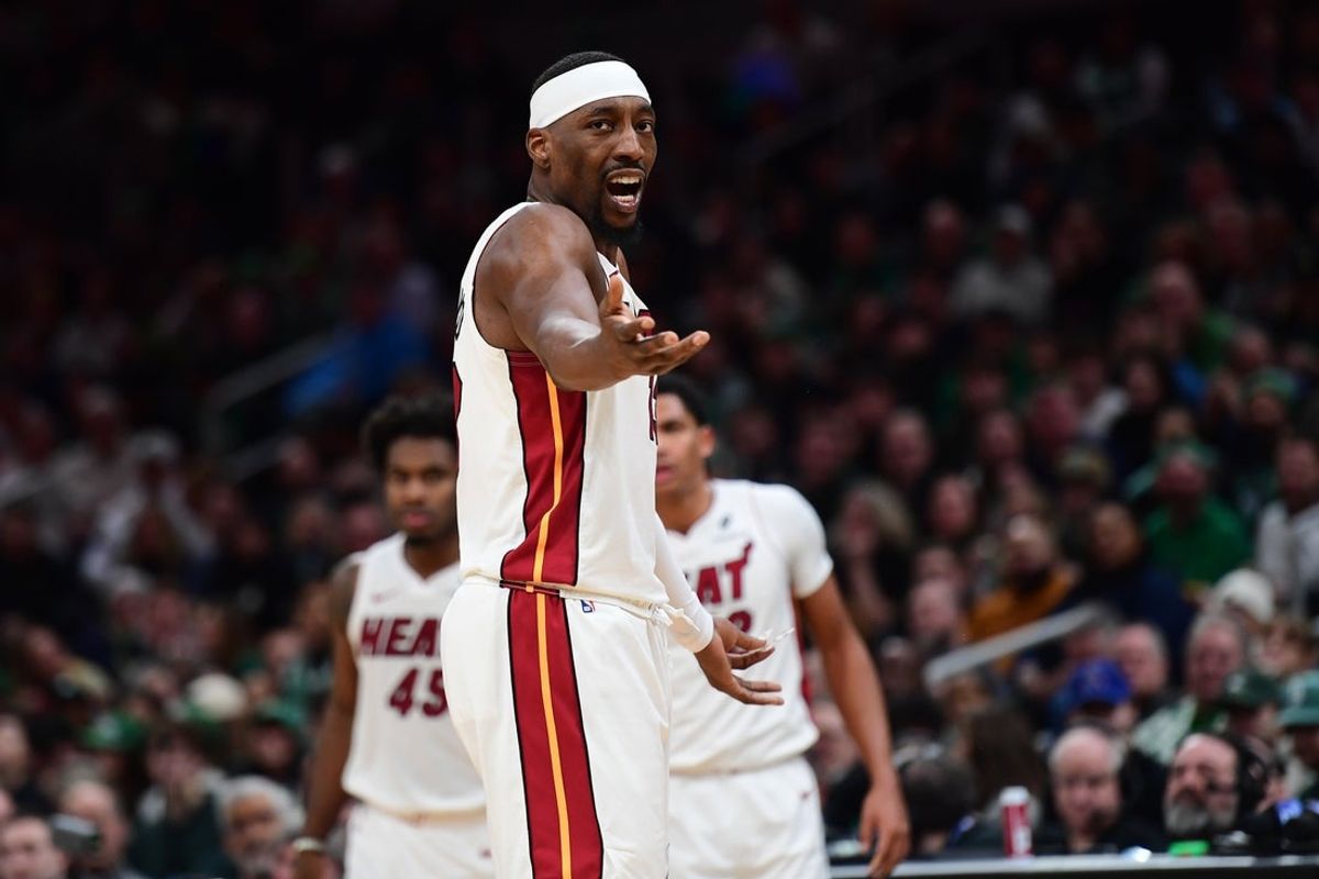 Feb 6, 2026; Boston, Massachusetts, USA;  Miami Heat center Bam Adebayo (13) reacts during the second half against the Boston Celtics at TD Garden. Mandatory Credit: Bob DeChiara-Imagn Images