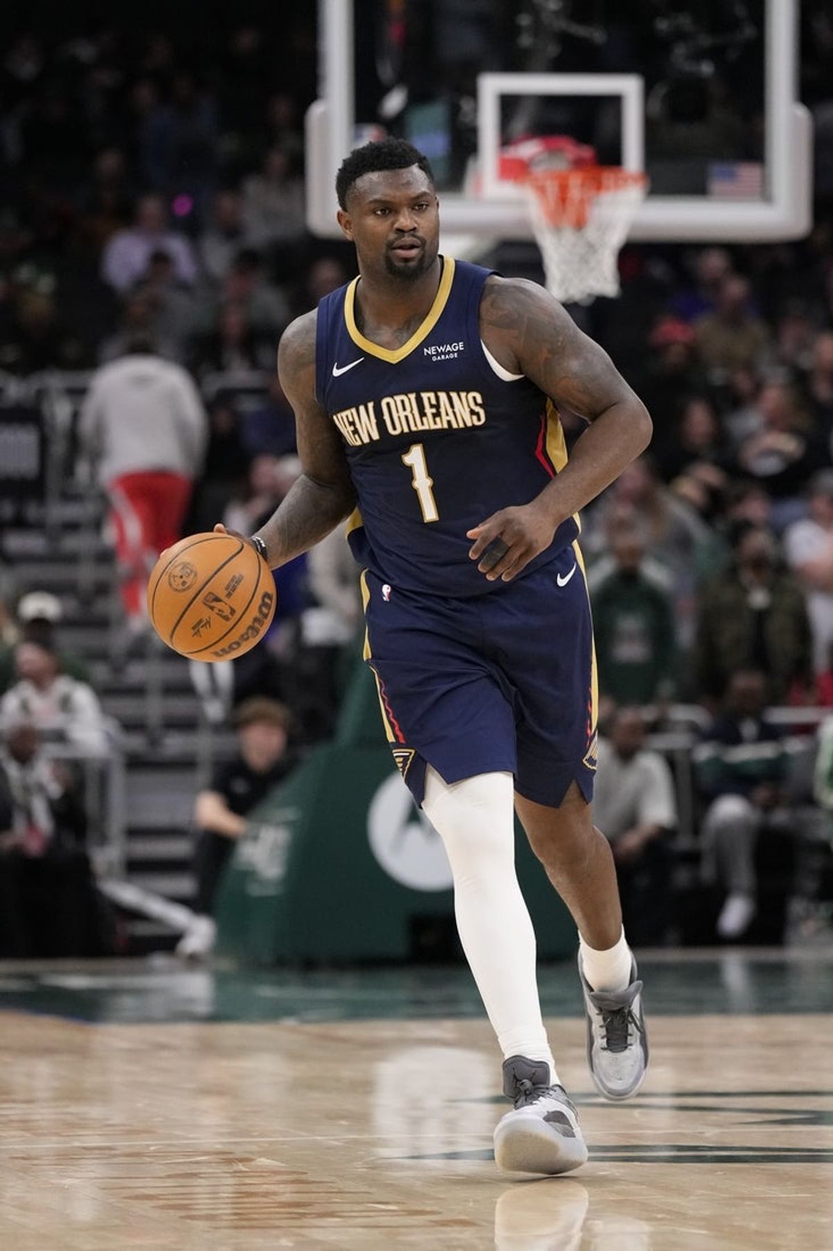 Feb 4, 2026; Milwaukee, Wisconsin, USA;  New Orleans Pelicans forward Zion Williamson (1) during the game against the Milwaukee Bucks at Fiserv Forum. Mandatory Credit: Jeff Hanisch-Imagn Images