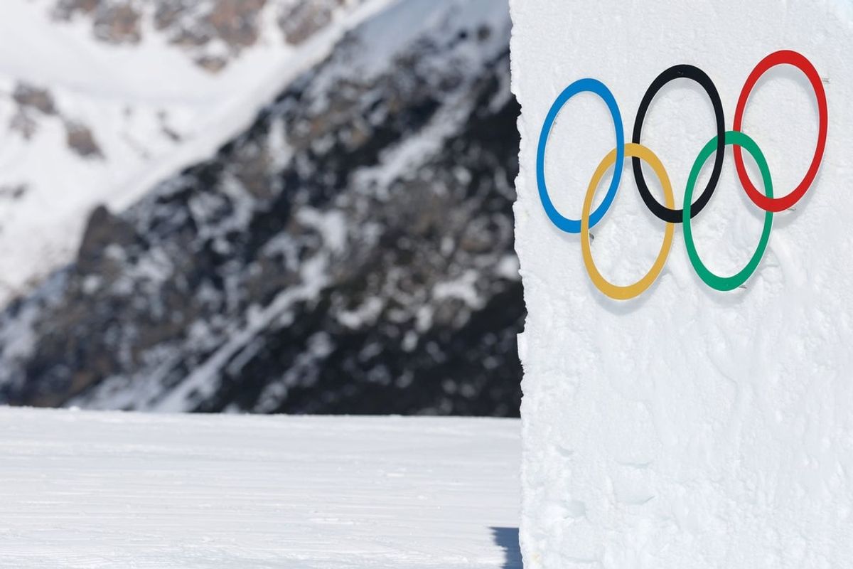 Feb 7, 2026; Livigno, Italy; A detail view of Olympic rings during slopestyle freestyle skiing qualification during the Milano Cortina 2026 Olympic Winter Games at Livigno Snow Park. Mandatory Credit: Nathan Ray Seebeck-Imagn Images
