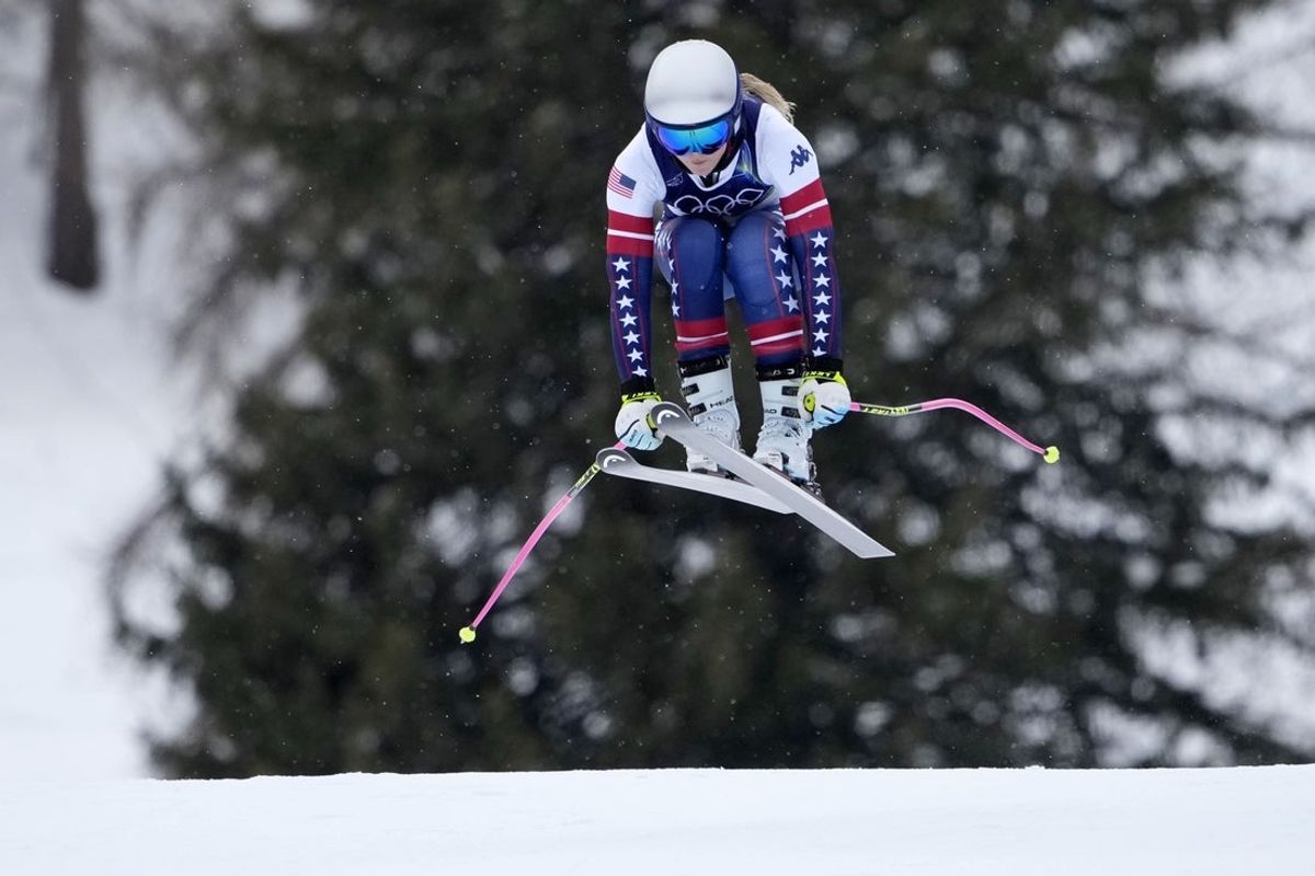 Feb 7, 2026; Cortina d'Ampezzo, ITALY; Lindsey Vonn of the United States during women's alpine skiing downhill training the Milano Cortina 2026 Olympic Winter Games at Tofane Alpine Skiing Centre. Mandatory Credit: Michael Madrid-Imagn Images
